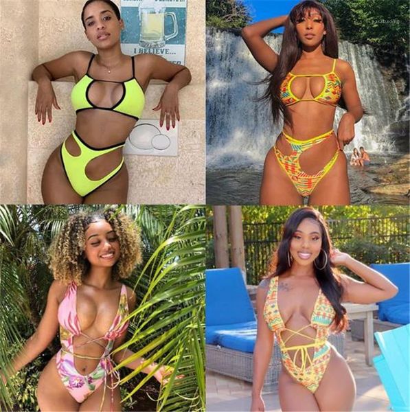 

women swimsuits summer designer beachwear hollow out womens bikini fashion mosaic and floral printed low cut, White;black