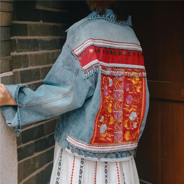 

Boho Ethnic Vintage Flower Embroidery Denim jacket Spring Autumn Loose Heavy work Beading Tassel Casual Washed Blue Jeans jacket