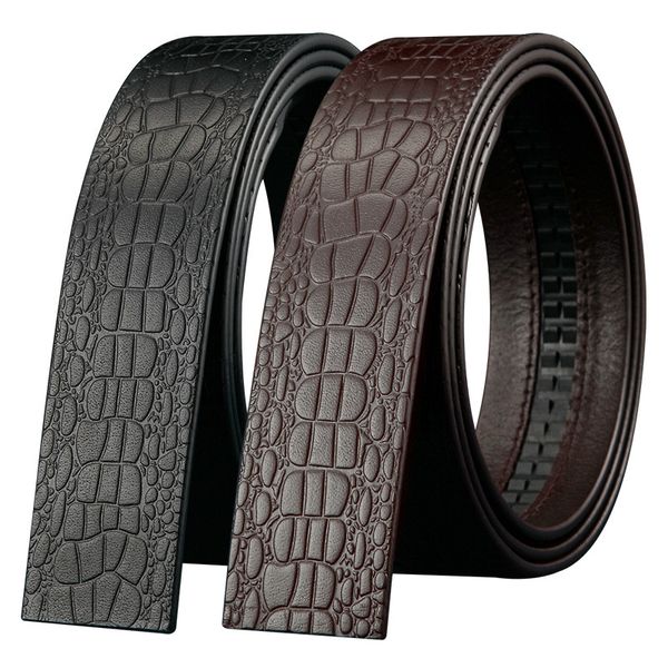 

no buckle belt mens fashion crocodile grain designer genuine leather waist strap automatic without buckle male belt, Black;brown