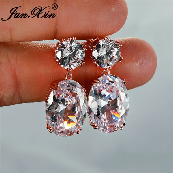

stud luxury female austrian crystal round oval earrings for women white gold rose color big zircon wedding, Golden;silver