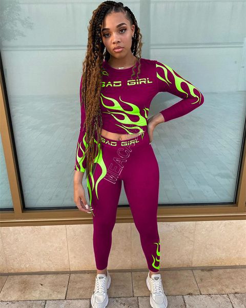 

women bad girls fire print outfits fashion long sleeve crop t-shirt + pants legging sports suit yoga tracksuits 2pcs clothing set d91604, Gray