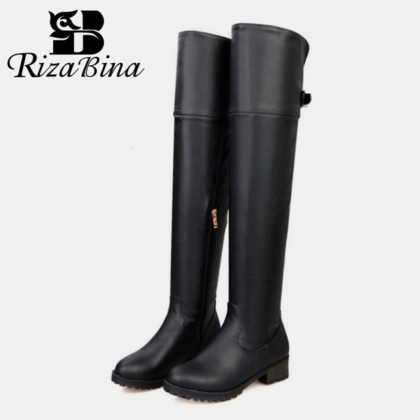 

rizabina over the knee boots women winter warm zipper flats shoes pu leather long boots women thigh high size 34-39, Black