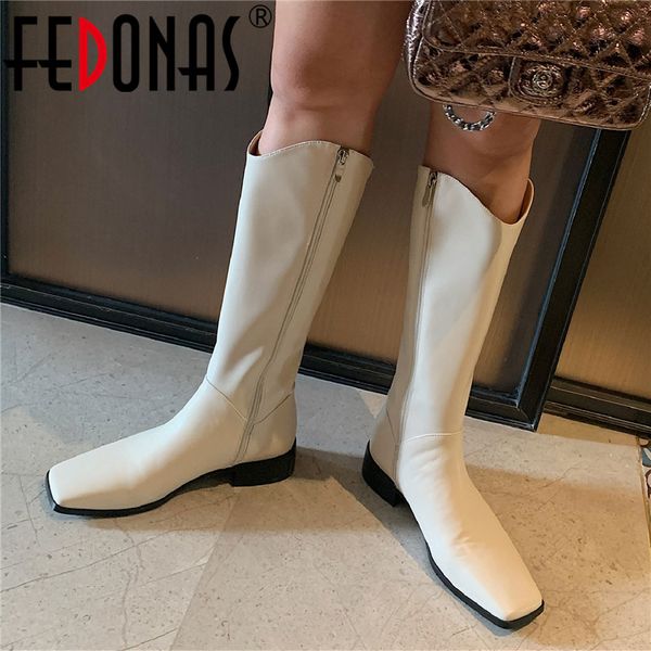 

fedonas genuine leather knee high boots side zipper pointed toe high heels boots genuine leathe working casual shoes woman heel, Black