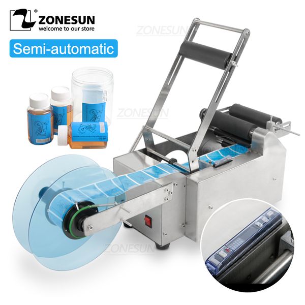 

zonesun semi-automatic round bottle labeling machine stick mark labeller plastic glass bottles labeller label dispenser machine