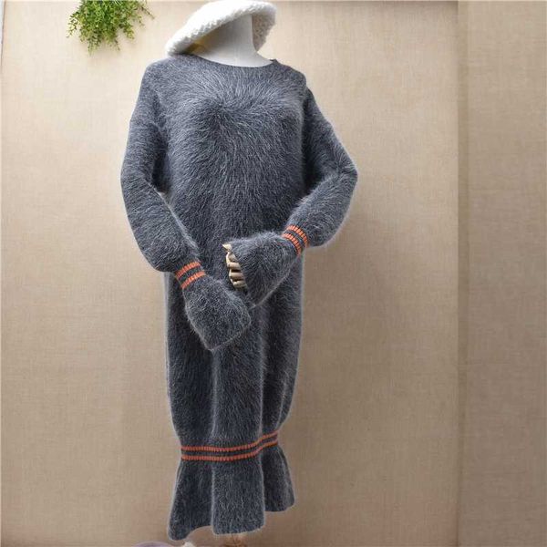 

women fashion knitted cashmere mink dresses party long sweaters slim o-neck flare sleeve thick warm winter skirt sweater, White;black