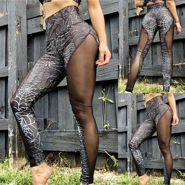 

fitness yoga pants women spider print workout leggings patchwork mesh high waist black leggings women breathable, White;red