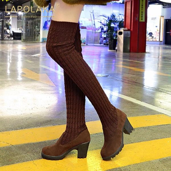 

lapolaka 2020 new design dropship shoes woman boots slip on chunky heels platform stretch comfortable over the knee boots female, Black