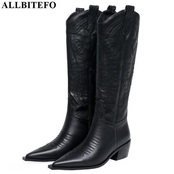 

allbitefo natural genuine leather+pu pointed toe women boots comfortable fashion boots autumn winter women knee high, Black