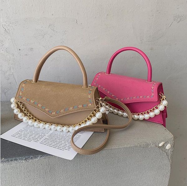 

wholesale women handbag new frosted leather handbag sweet foreign pearl decoration women messenger bag fashion embroidered shoulder bag, Black;red