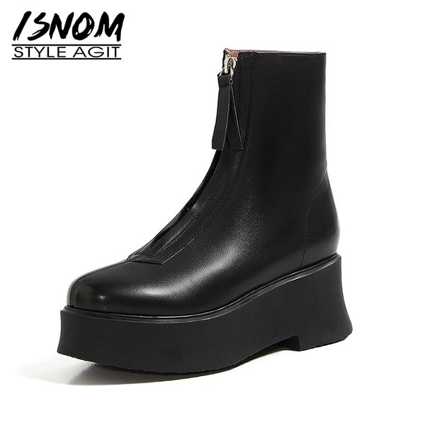 

isnom 2020 new arrival ankle boots front zipper genuine leather shoes thick sole short booties platform wedges woman autumn boot, Black