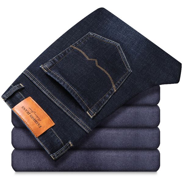 

men's jeans mens winter stretch thicken warm fleece lined straight fashion velvet clothing male denim pants classic men trousers, Blue