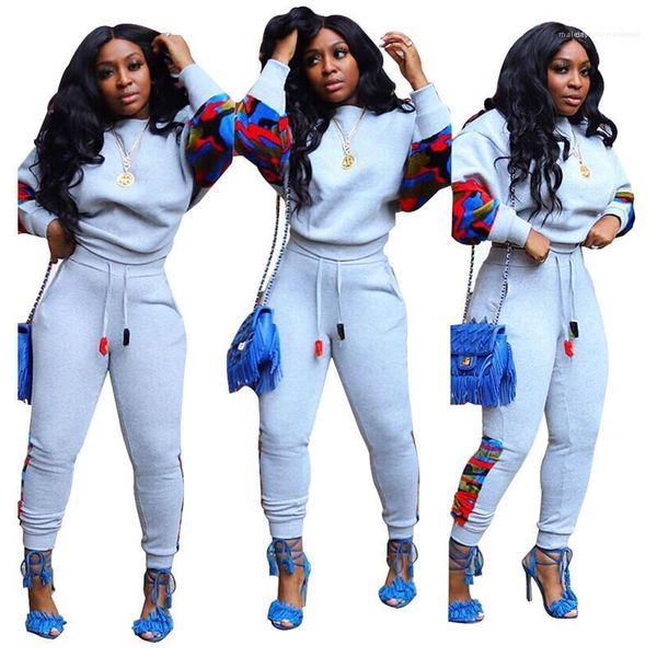 

womens tracksuits fashion panelled color loose suit long sleeve crew neck tshirt long pants style, Gray