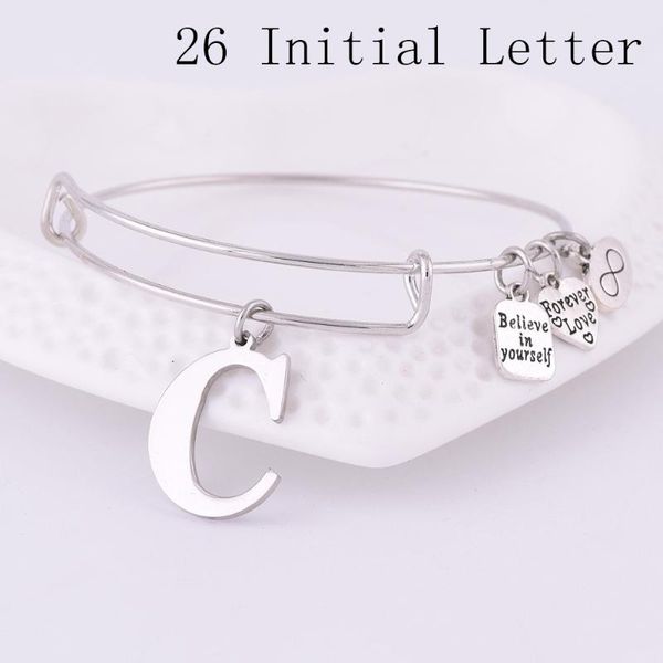 

2020 expandable stainless steel charm bracelet diameter ancient silver a-z initial letter charm bracelet adjustable wire bangle, Black
