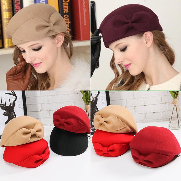 

berets autumn and winter days hat women's korean-style- style heart bow wool retro painter bowler, Blue;gray