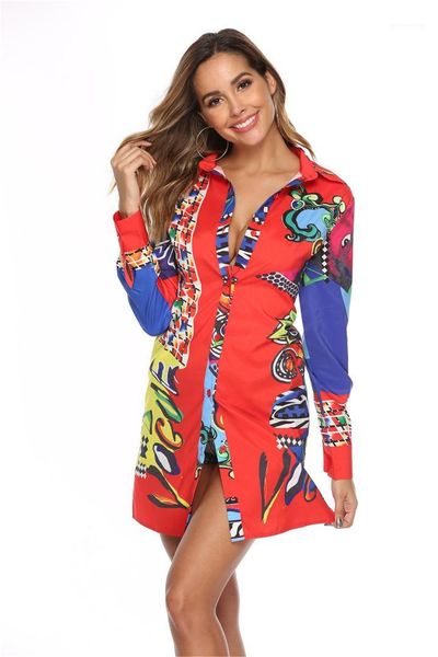 

lapel neck print ladies dresses with button digital printing womens shirt dresses fashion summer short sleeve, Black;gray