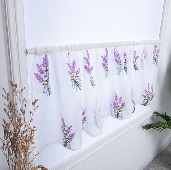 

fyjafon half curtain embroidery short curtain purple 100*50 rod pocket drapes kitchen window tulle decorative blue tulle l