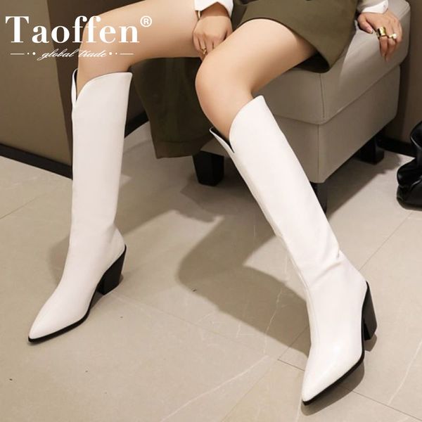 

taoffen women knee high boots thick heel pointed toe women winter long boots fashion cool party winter shoes size 34-48, Black