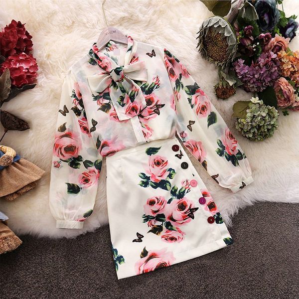 

women's tracksuits 2021 autumn women flower print o-neck lace-up bow chiffon shirt + high waist button sheath skirt suits female two pi, Gray