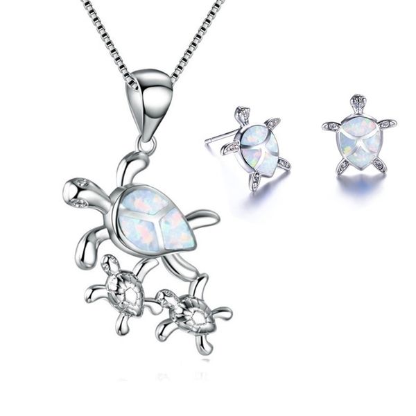 

cute turtle mother and turtle baby pendant necklace with earrings blue imitation fire opal jewelry set for women accessories, Silver