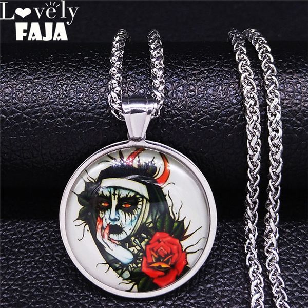 

2020 neogoth nun stainless steel glass long necklaces for women/men silver color necklace pendant jewelry collares mujer nj43s02