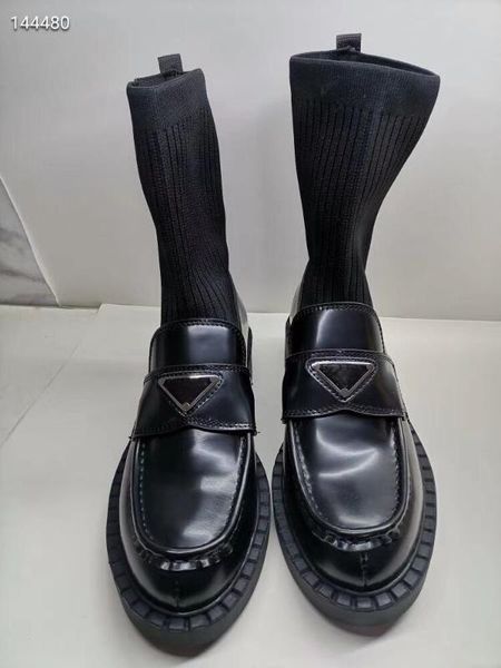 

design women elastic fabric socks boots 2020 fashion real leather knited boots ladies elegant middle flat, Black