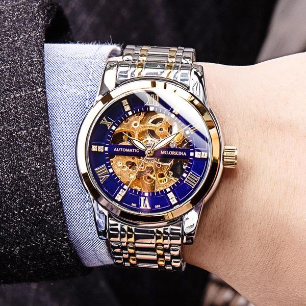 

relogio новый 2020 luxury hollow skeleton набор водонепроницаемый автоматические механические диапазон нержавеющей стали бизнес наручные час, Slivery;brown