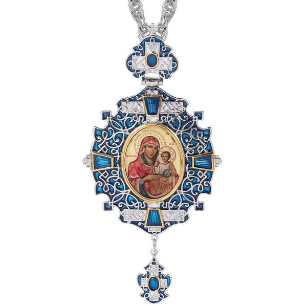 

2020 pectoral cross necklace blue zircons enamel orthodox greek crucifix jewelry pectoral cross chain religious crafts, Silver