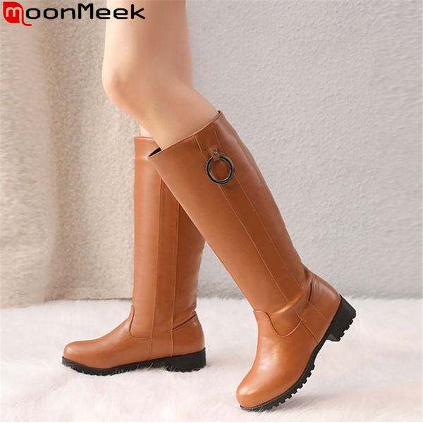 

boots moonmeek plus size 34-48 fashion knee high women round toe low heels zip simple ladies autumn winter 2021, Black