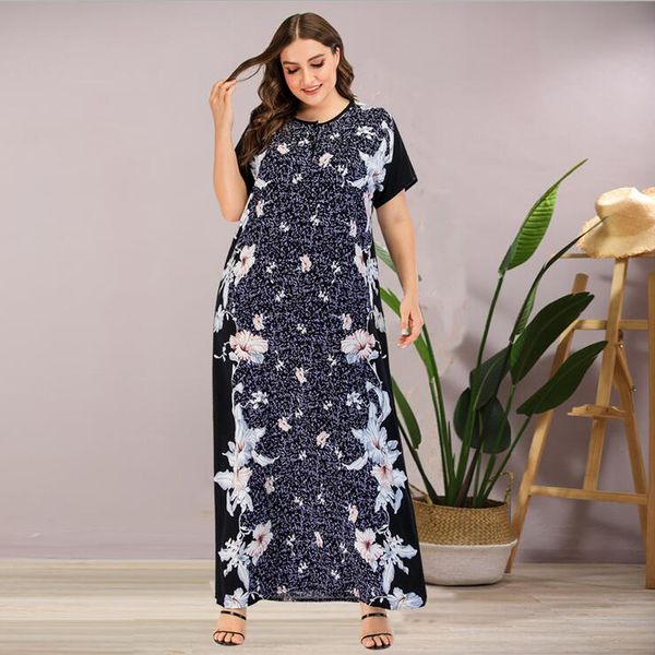 

casual dresses floral print long maxi dress 2021 summer clothes for women fashion plus size short sleeve muslim islamic dubai robe loose kaf, Black;gray