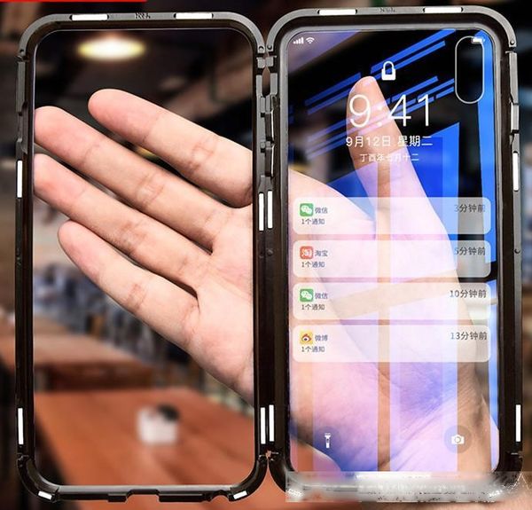 

phone case metal magnetic adsorption cases for iphone x temperped glass phone cover front metal frame front cover for iphone i7/8 plus 6/6s