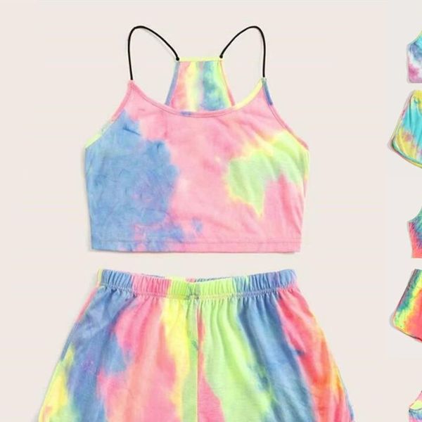 

2020 женщины наборов tie dye распечатать 2 шт sweatsuit cami vest top шорты лето пуловер женщина подходит наряд двухкусочных костюмов, Gray