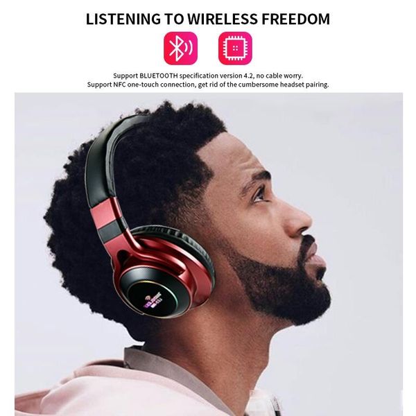 

led light wireless bluetooth headphones 3d stereo earphone with mic headset support tf card fm mode audio jack