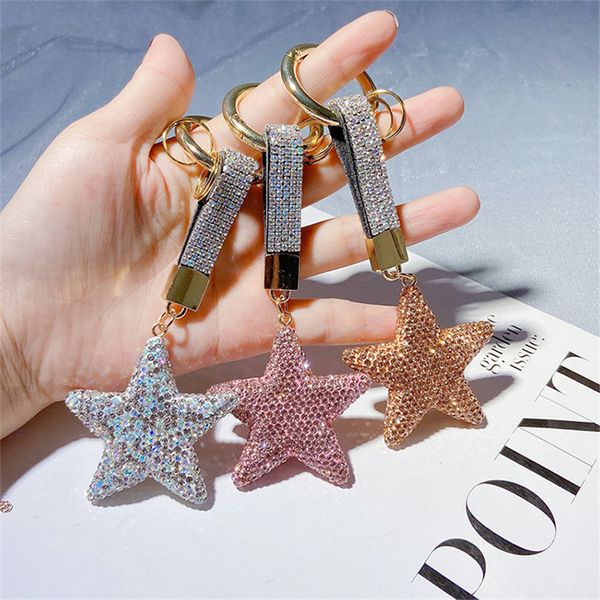 

luxury full rhinestone star pendant key chain women girl handmade crystal leather strap lanyard keychain car keyring jewelry, Silver