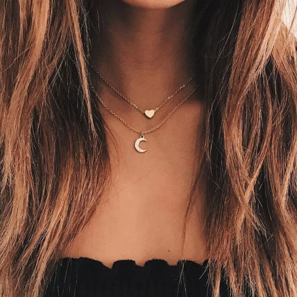 

modyle new multi layer heart moon choker necklace for women gold color short chain pendant collar necklace jewelry gift, Silver