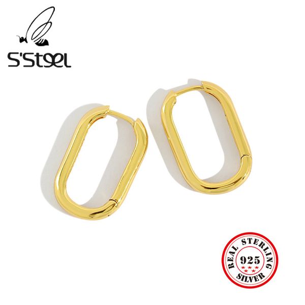 

925 sterling silver hoop earrings for women gold ellipse aretes boucle d'oreille femme 2020 minimalist korean brincos jewelry, Golden;silver