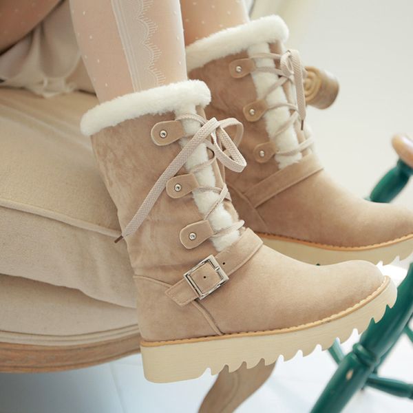 

women fur boots ladies winter mid-calf snow bootswoman lace-up casual knee boots keep warm metal buckle snow size 33-43, Black