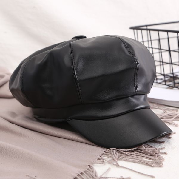 

berets autumn and winter pu leather simple beret painter hat solid color octagonal men women outdoor duck, Blue;gray