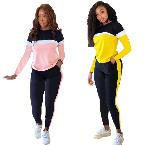 

color patchwork women 2 piece set casual o neck long sleeve two piece tracksuits winter autumn women clothing, White