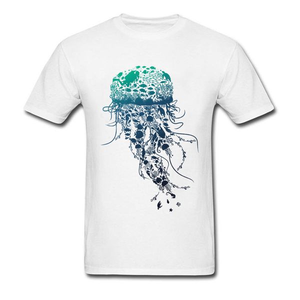 

marine life t-shirt men white t shirt fish jellyfish printed summer clothing cotton fabric tshirt o neck tees wholesale