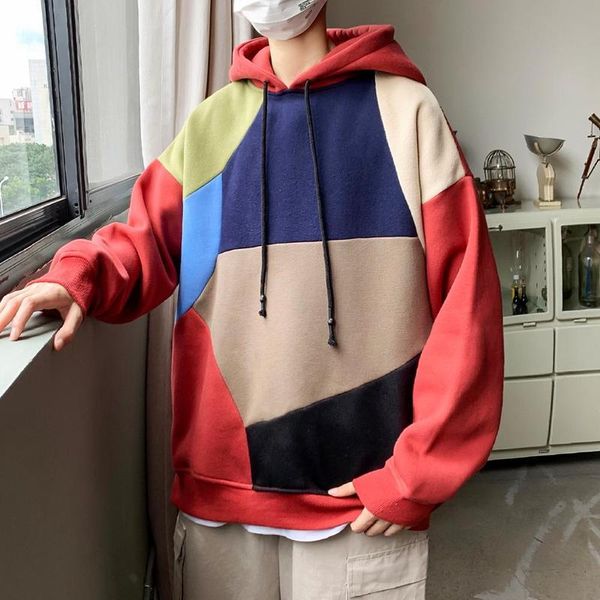

color block hooded sweater 2020 new autumn winter contrast velvet patchwork hoodies for men casual hoodie, Black