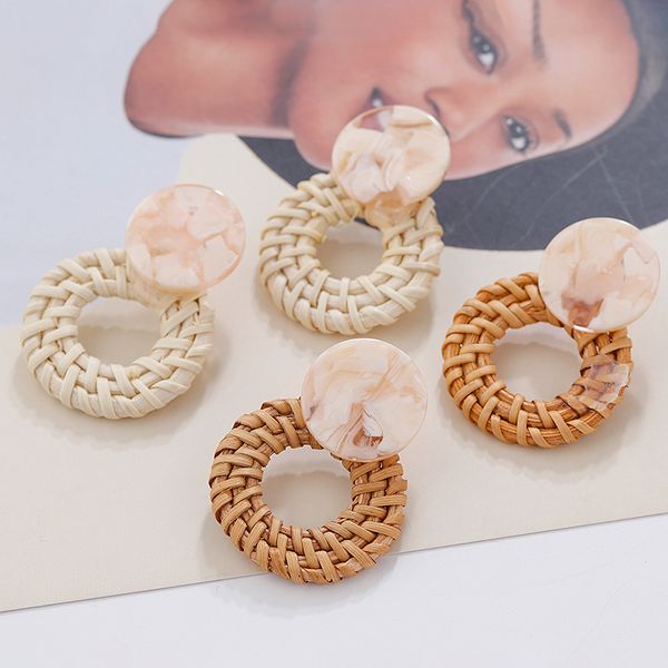

aensoa bohemian wicker rattan knit round drop earrings handmade bamboo vine weave geometry statement earrings for women girls, Silver