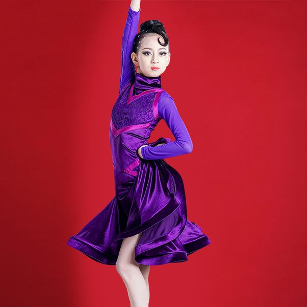 

fashion latin dance dress for girls long sleeves lace latin competition costume purple stage dress tango ballroom chacha bl3950, Black;red