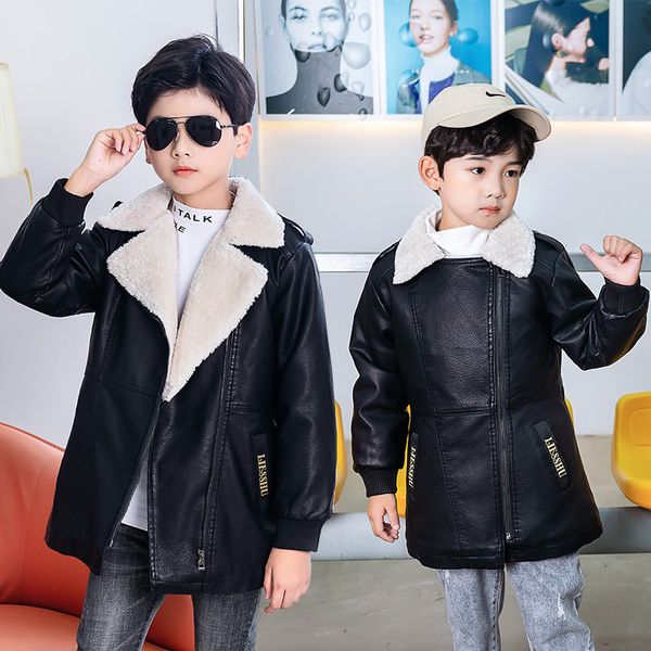 

3-14t мальчики кожаная куртка плюс velvet теплое пальто для зимы 2020 нового способа поворота воротник молния длинные кожаные куртки высоког, Blue;gray