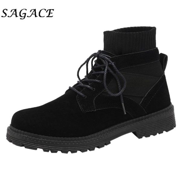 

sagace shoes men motorcycle boots plus size socks high boots lacing men outdoor sneakers winter non-slip flock shoes, Black
