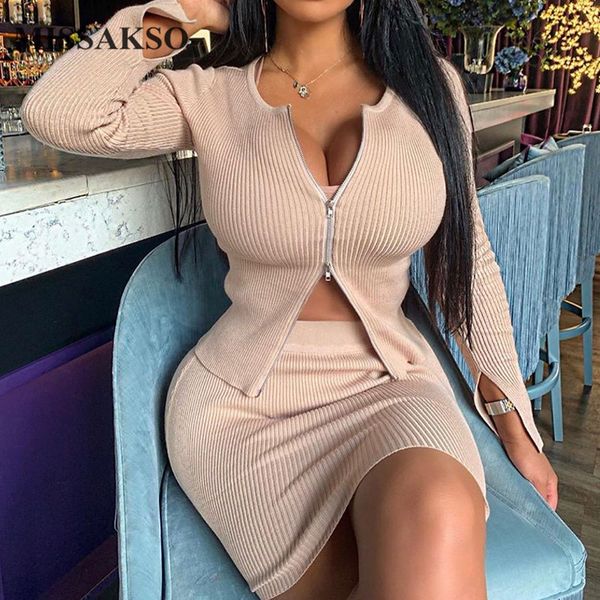

missakso zipper knitted high waist skirt streetwear long sleeve fashion women solid autumn two piece set outfits, Gray