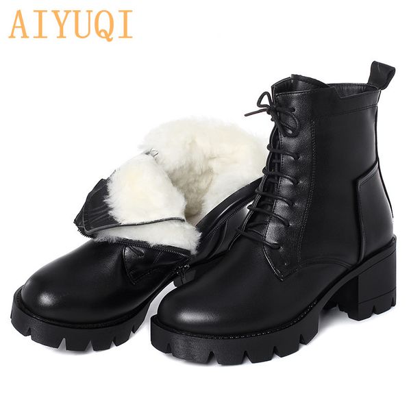 

aiyuqi winter boots women 2020 new ladies ankle boots genuine leather warm wool lace up motorcycle women, Black