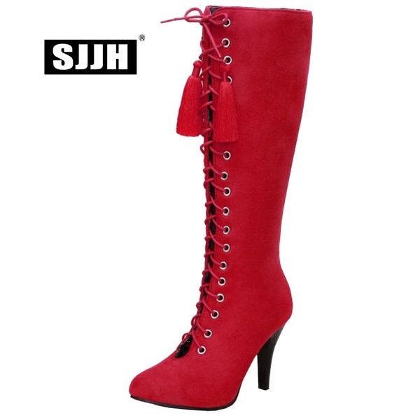 

boots sjjh women nubuck knee-high with round toe stiletto cross-tied plush long boot fashion party roman shoes large size q509, Black