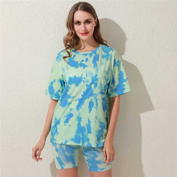

2pcs sport tie dyed casual women set two piece summer short sleeve o-neck fitness shorts for female streerwear for running, Black;blue