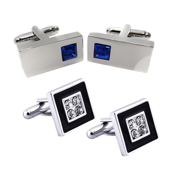 

2 pairs mens brass rectangle crystal cufflinks square black cuff links, Silver