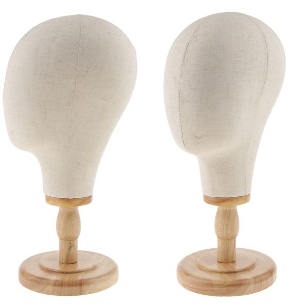 

2x 21 inch hair wigs extension making hats caps display canvas cork block mannequin head model + detachable wood stand